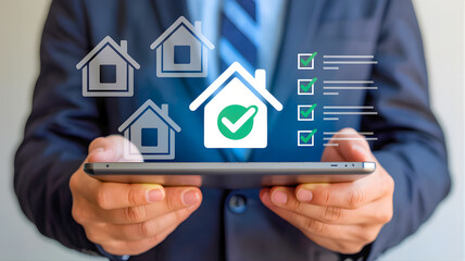 Digital property management concept with a businessman using a tablet to approve a home from a list of virtual houses on a screen