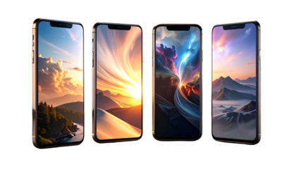 Four smartphones, each displaying vibrant landscapes with varied, glowing effects, on black
