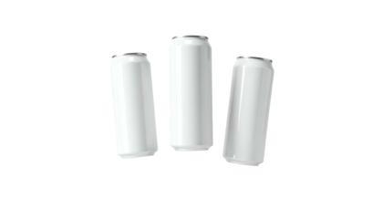 Three identical white cylindrical cans against a black background, angled with soft lighting