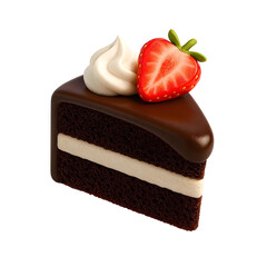 Slice of layered chocolate cake with cream filling, topped with whipped cream and a strawberry, 3D rendered cartoon.