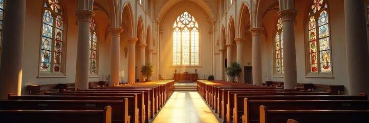A serene and peaceful church interior, bathed in soft sunlight streaming through stained-glass windows Perfect for themes of faith, spirituality, and worship , cathedral, god, candles