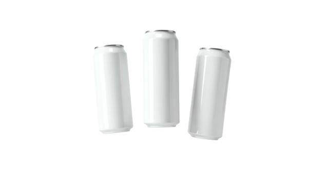 Three identical white cylindrical cans against a black background, angled with soft lighting