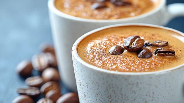 Two cups of coffee with coffee beans on a table, perfect for a cozy morning or afternoon