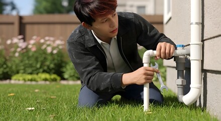 Man repairing outdoor plumbing with a wrench on the green grass near the side of a house outside