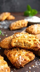 Close-up of homemade, golden-brown baked cookies arranged on a wooden board with coconut flakes