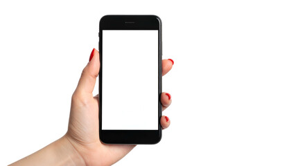 A hand with red nail polish holds a black smartphone with a blank white screen