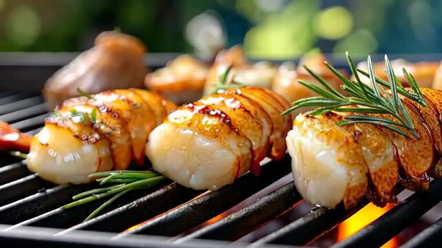 Grilling seafood with fresh herbs in a backyard setting during a sunny afternoon