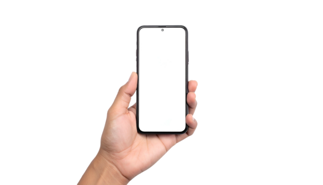 Human hand holding a modern, rectangular phone with a blank, white screen against a black background