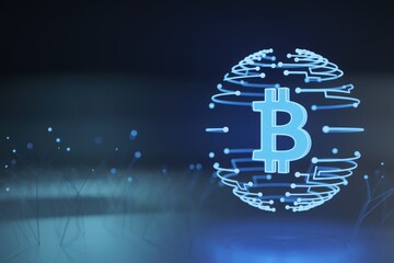 Luminous Bitcoin symbol inside a digital globe representing cryptocurrency and global finance technology