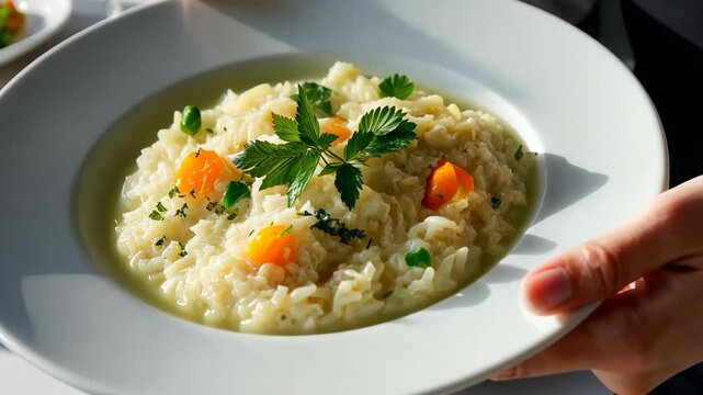 Serving delicious risotto with fresh herbs and vegetables at a cozy restaurant during lunch hour in the city