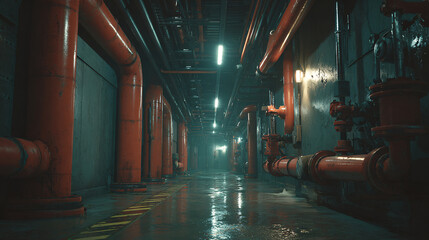 Industrial underground corridor with red pipes and dramatic cinematic lighting