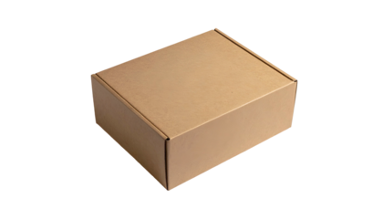 A closed, plain cardboard box against a black background, angled slightly to the right