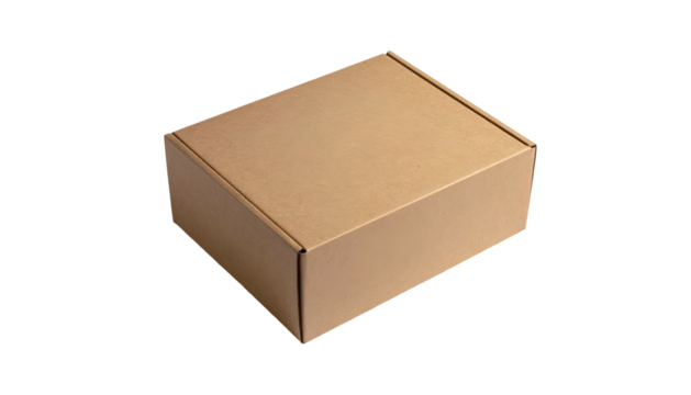 A closed, plain cardboard box against a black background, angled slightly to the right