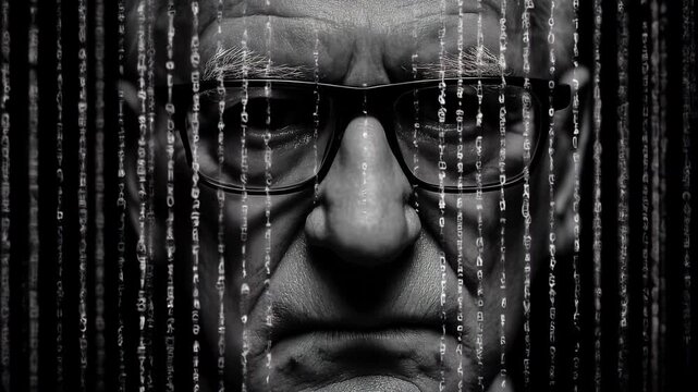 old man trapped in the matrix system. black and white colours