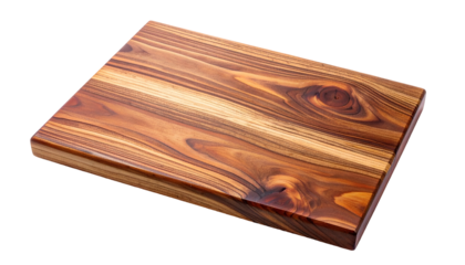 Close-up of a rectangular, polished wooden cutting board with rich grain patterns and smooth finish