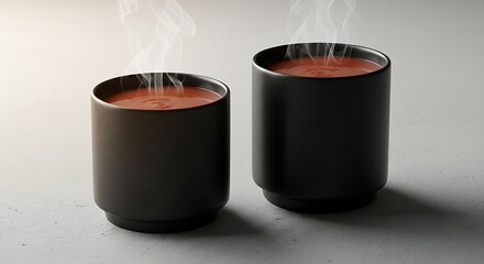 Two steaming beverages in sleek containers evoke warmth and simple pleasures of enjoying flavorful liquids.
