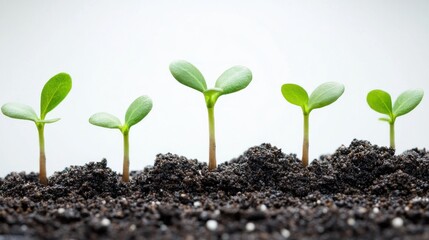 Five vibrant green plant sprouts emerging from dark, rich soil against a bright white background, symbolizing new life and growth