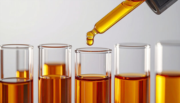 金色の美容液がスポイトから試験管に滴る高精細マクロ写真。美容成分の研究・開発やビタミンC、レチノールなどの先端スキンケアイメージに最適な化粧品背景素材。／
High-resolution macro photo of golden cosmetic serum drop from dropper into glass test tube.