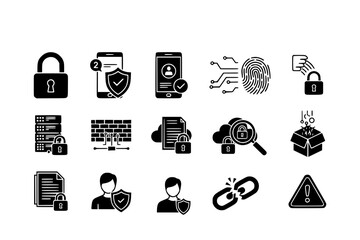 Data Security & Digital Privacy Black Silhouette Icon Set: Padlock Shield, Authentication, Firewall, and Fingerprint Scan for Cybersecurity.