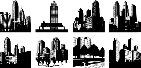 Urban City Life & Modern Architecture Black Silhouette Vector Set: Skyscrapers, Walking People, Park Foliage, and High-Density Cityscape Graphics.