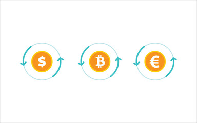 Currency and cryptocurrency exchange between Dollar ($), Bitcoin (₿), and Euro (&euro;). Concept for digital money transfer, crypto trading. Flat illustration vector file. high quality picture
