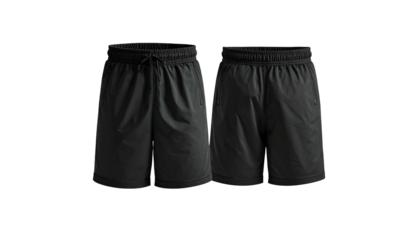 Front and back views of athletic shorts in dark gray, showing elastic waistband and drawstring
