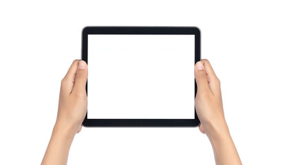 Two hands holding a blank tablet, the screen bright white against a black background