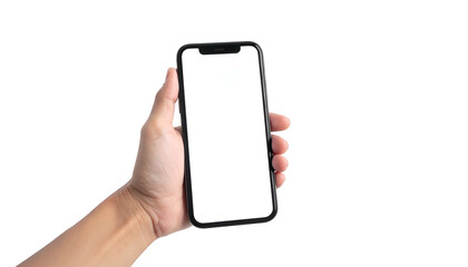 Hand holding a smartphone with a blank white screen against a black background