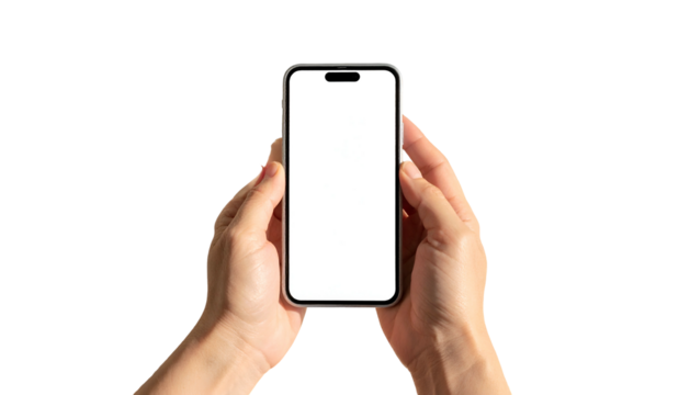 Person's hands holding smartphone with blank white screen, isolated on a black background