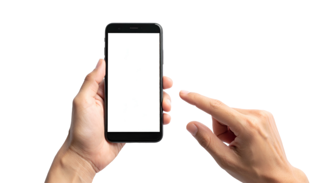 Two hands hold a black device with blank screen, a finger pointing towards it