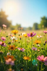 Obraz premium A vibrant sunlit field of wildflowers swaying gently in the breeze, conveying a sense of carefree joy and natural beauty , scenery, sunny day