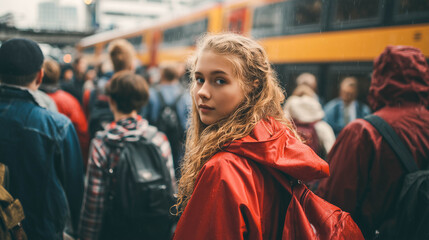 Fototapeta premium Young woman, teen or student in a red raincoat at a train station, looking back over her shoulder, amidst a bustling crowd on an overcast day