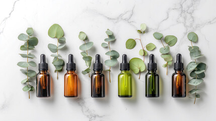 Natural essential oil bottles with eucalyptus leaves on a marble surface top view