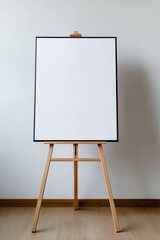Blank white board on a wooden easel, ready for presentation or art, indoors