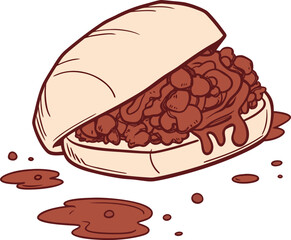 A simple illustration of a messy pulled pork sandwich with sauce