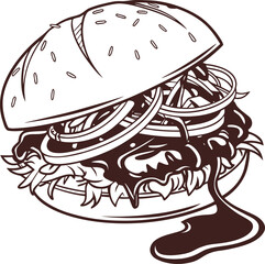 Delicious looking sketch of a classic cheeseburger with dripping sauce