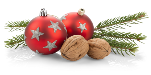 Red christmas decoration with ball and fir branch isolated on white or transparent background