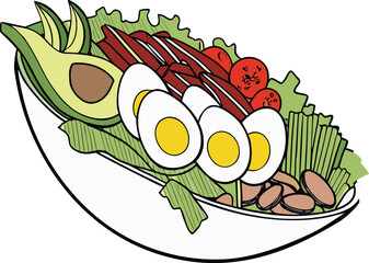 Colorful salad bowl featuring avocado bacon eggs and fresh vegetables