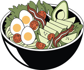 A colorful and healthy bowl filled with avocado eggs and vegetables