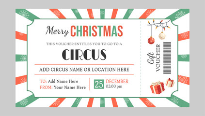 Flat vector Christmas circus gift ticket decorated with red and green festive stripes, snowflakes, gifts, and string lights. Ideal for winter circus shows, invitations, posters, or holiday event 