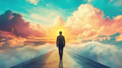 Silhouette of a walking on an endless road towards a bright, golden light amidst a majestic, vibrant cloudscape, symbolizing a hopeful journey to success and the future
