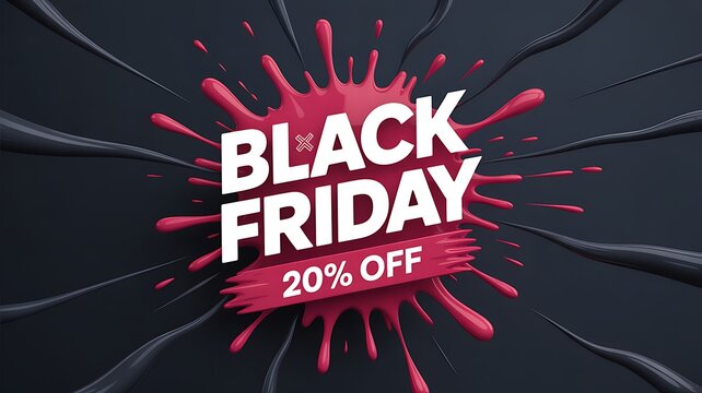 Dynamic black friday sale announcement featuring a vibrant red splatter and 20 percent discount offer