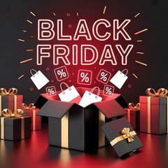 Exciting black friday sale event with gift boxes and discount symbols illuminated by neon lights