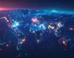 Futuristic digital map of Earth, showcasing illuminated global connections