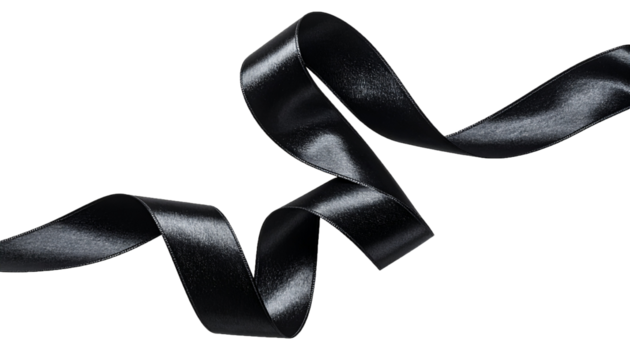 Black Satin Ribbon with Shiny Folds and Elegant Curves Floating on Transparent Background