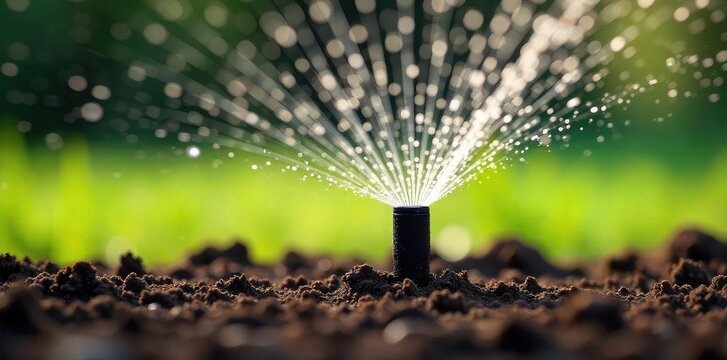 Close-up view of a sprinkler head gently watering dry soil, revitalizing the thirsty earth The water droplets create a refreshing mist above the parched ground , water, texture - Powered by Adobe
