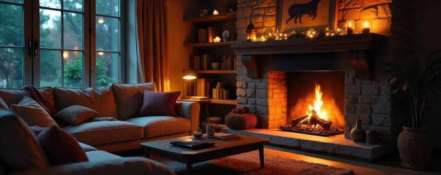 Cozy living room scene featuring a crackling fireplace, soft blankets, and warm lighting, perfect for a relaxing evening at home , serene, ambiance
