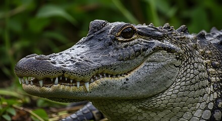 Fototapeta premium Close-up view of an alligator's head, showing its scales, eye, teeth, and reptilian features