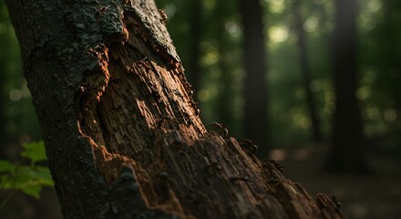 Obraz premium Close-up of a decaying tree trunk with ants crawling, dappled sunlight in the forest
