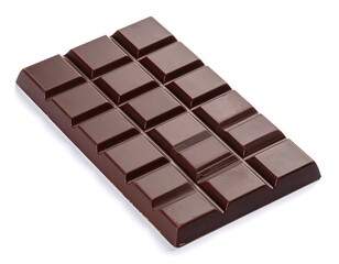 Close-up shot of a rectangular, dark chocolate bar with indented squares. White background